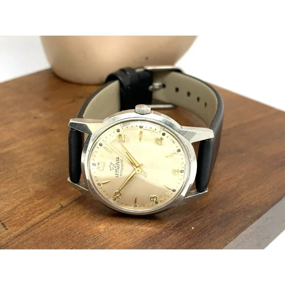 Lemania Men's Watch Vintage 9101 Swiss Automatic Silver Dial Leather Strap 32mm